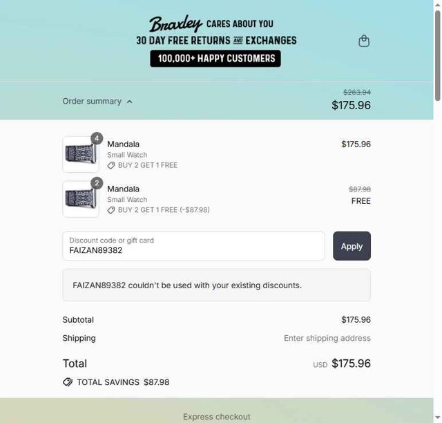 Braxley Bands checkout page showing Braxley Bands coupon code box | Screenshot taken by SimplyCodes community member on Sep 4, 2025