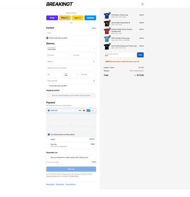 BreakingT checkout page showing BreakingT discount code box | Screenshot taken by SimplyCodes community member on Sep 13, 2025