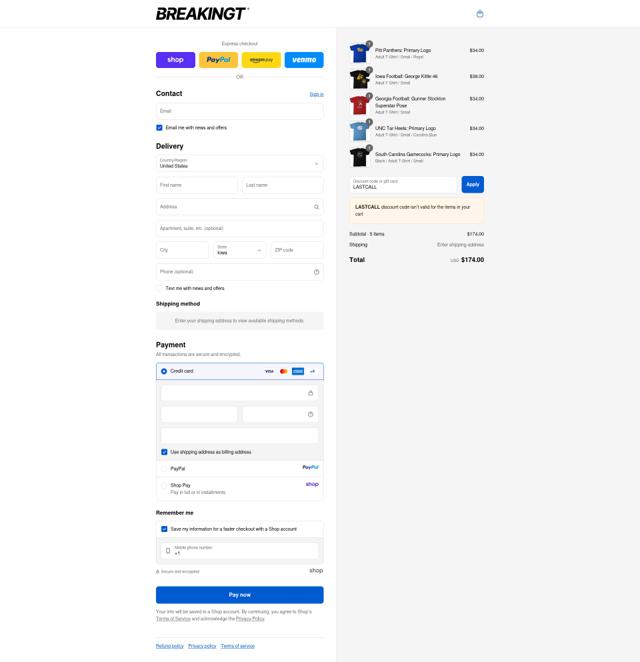 BreakingT checkout page showing BreakingT discount code box | Screenshot taken by SimplyCodes community member on Sep 13, 2025
