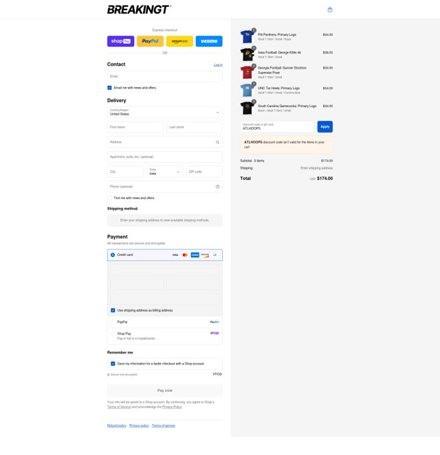 BreakingT checkout page showing BreakingT discount code box | Screenshot taken by SimplyCodes community member on Aug 28, 2025