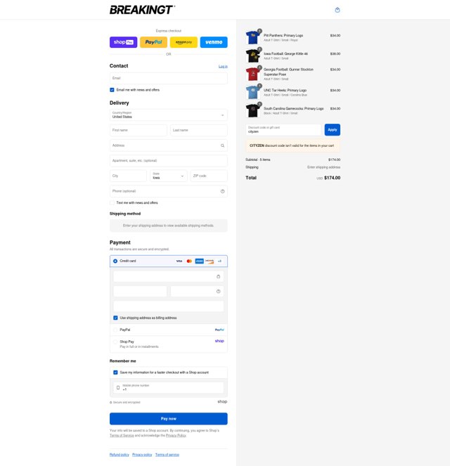 BreakingT checkout page showing BreakingT discount code box | Screenshot taken by SimplyCodes community member on Aug 28, 2025