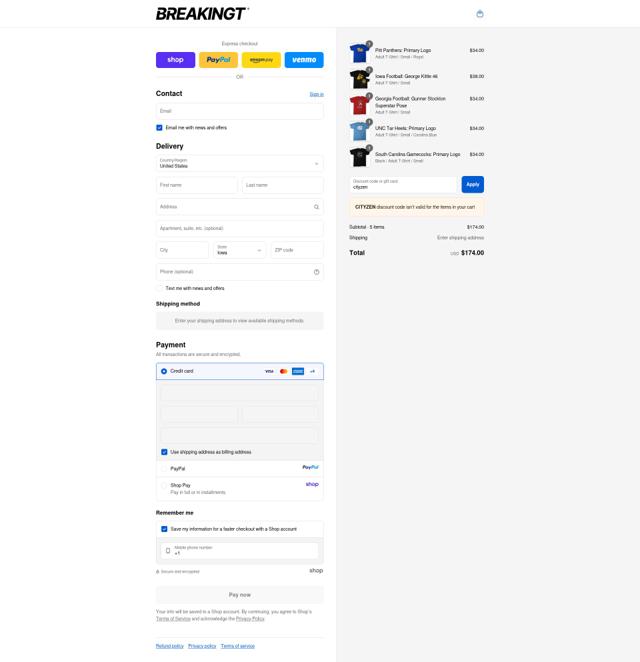 BreakingT checkout page showing BreakingT discount code box | Screenshot taken by SimplyCodes community member on Sep 13, 2025