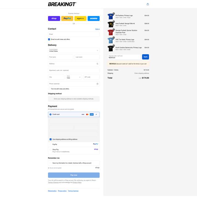 BreakingT checkout page showing BreakingT discount code box | Screenshot taken by SimplyCodes community member on Sep 13, 2025