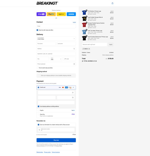 BreakingT checkout page showing BreakingT discount code box | Screenshot taken by SimplyCodes community member on Aug 28, 2025