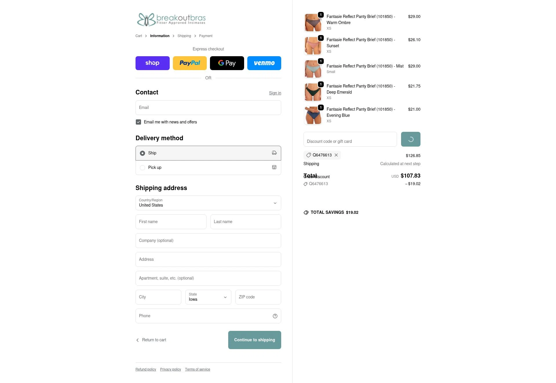 Breakout Bras checkout page showing Breakout Bras coupon code box | Screenshot taken by SimplyCodes community member on Feb 18, 2026