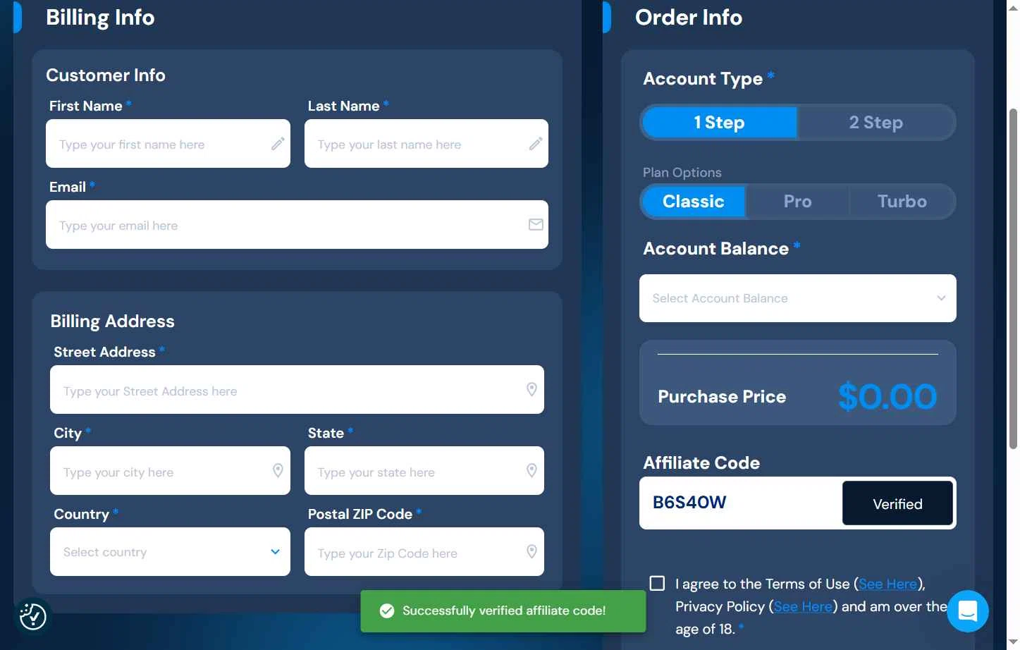 Breakout Trading checkout page showing Breakout Trading promo code box | Screenshot taken by SimplyCodes community member on Feb 20, 2026