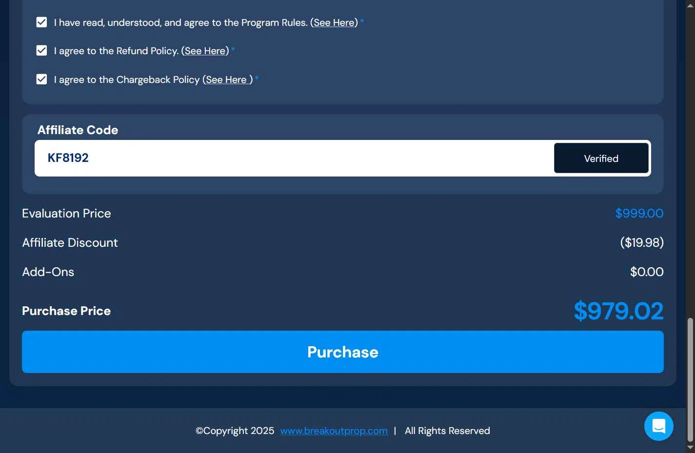 Breakout Trading checkout page showing Breakout Trading promo code box | Screenshot taken by SimplyCodes community member on Sep 29, 2025