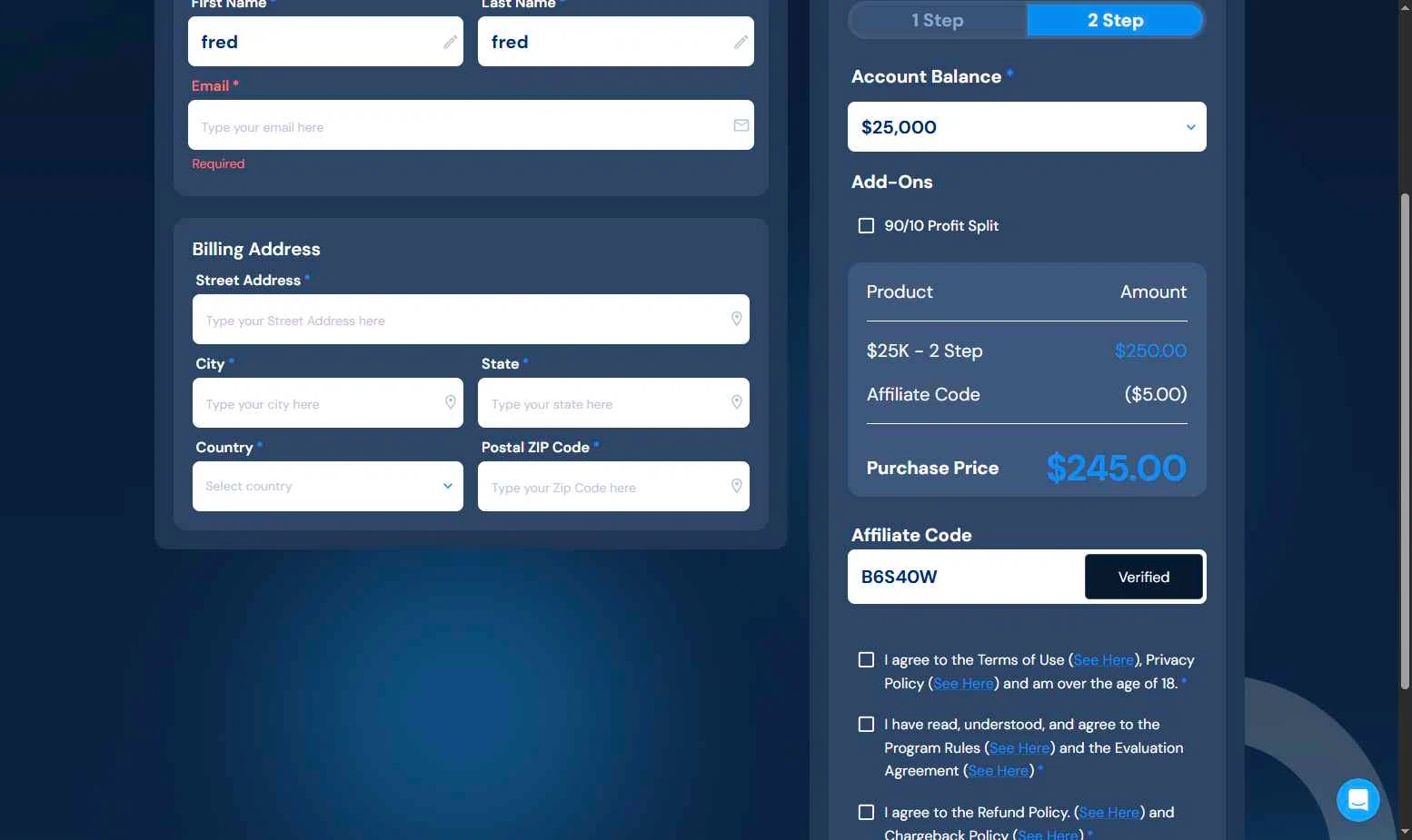 Breakout Trading checkout page showing Breakout Trading promo code box | Screenshot taken by SimplyCodes community member on Jan 21, 2026