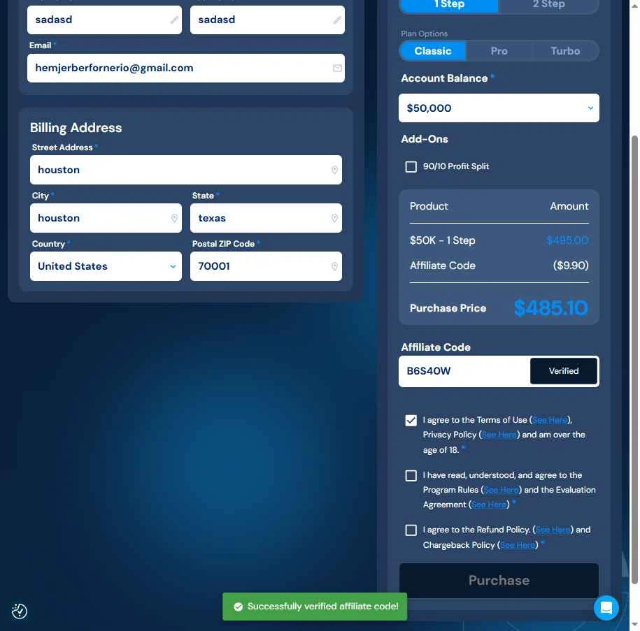 Breakout Trading checkout page showing Breakout Trading promo code box | Screenshot taken by SimplyCodes community member on Dec 5, 2025