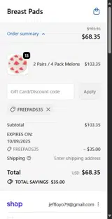 FREEPADS35 coupon verification screenshot