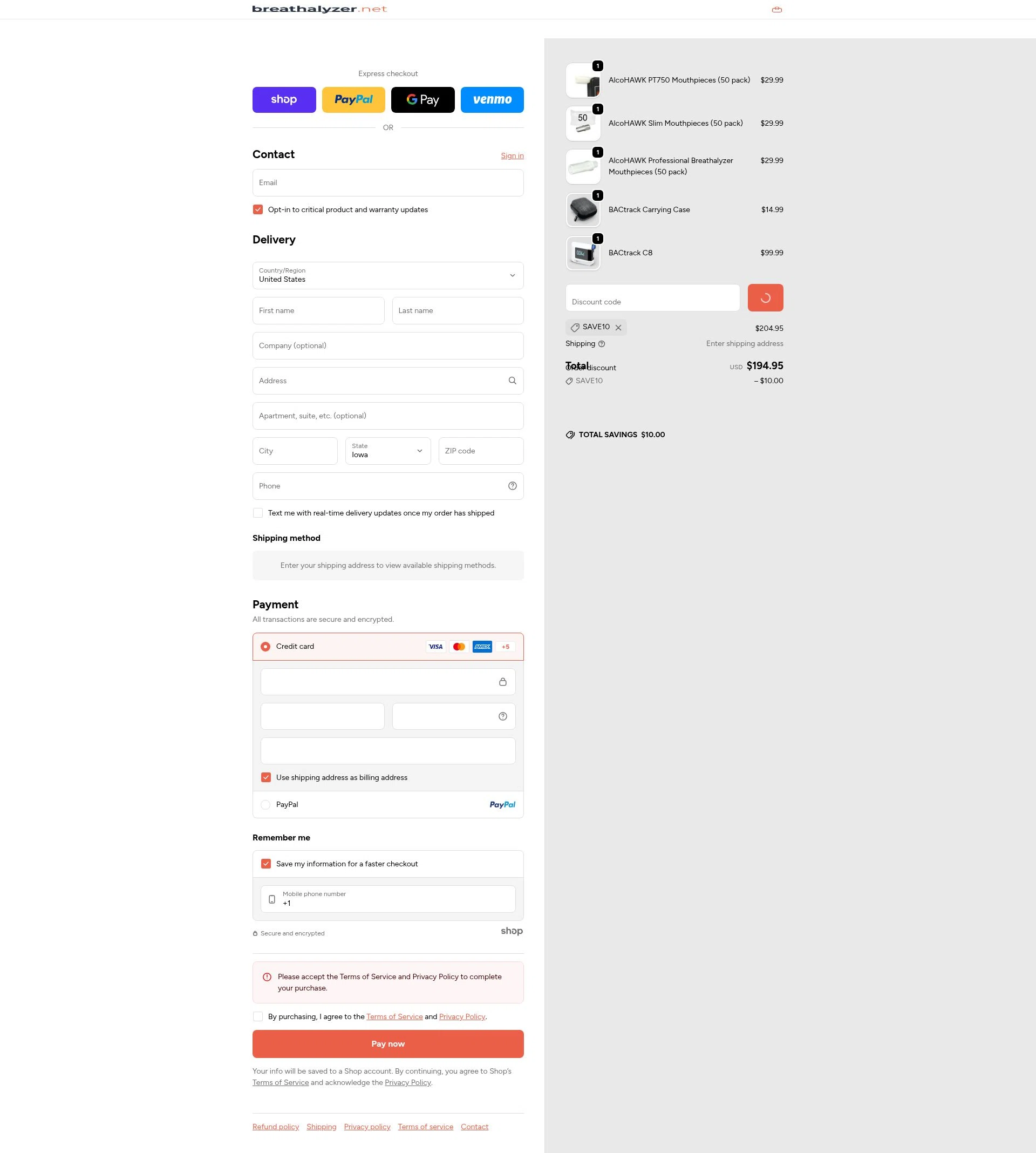 Breathalyzer.net checkout page showing Breathalyzer.net promo code box | Screenshot taken by SimplyCodes community member on Jan 8, 2026