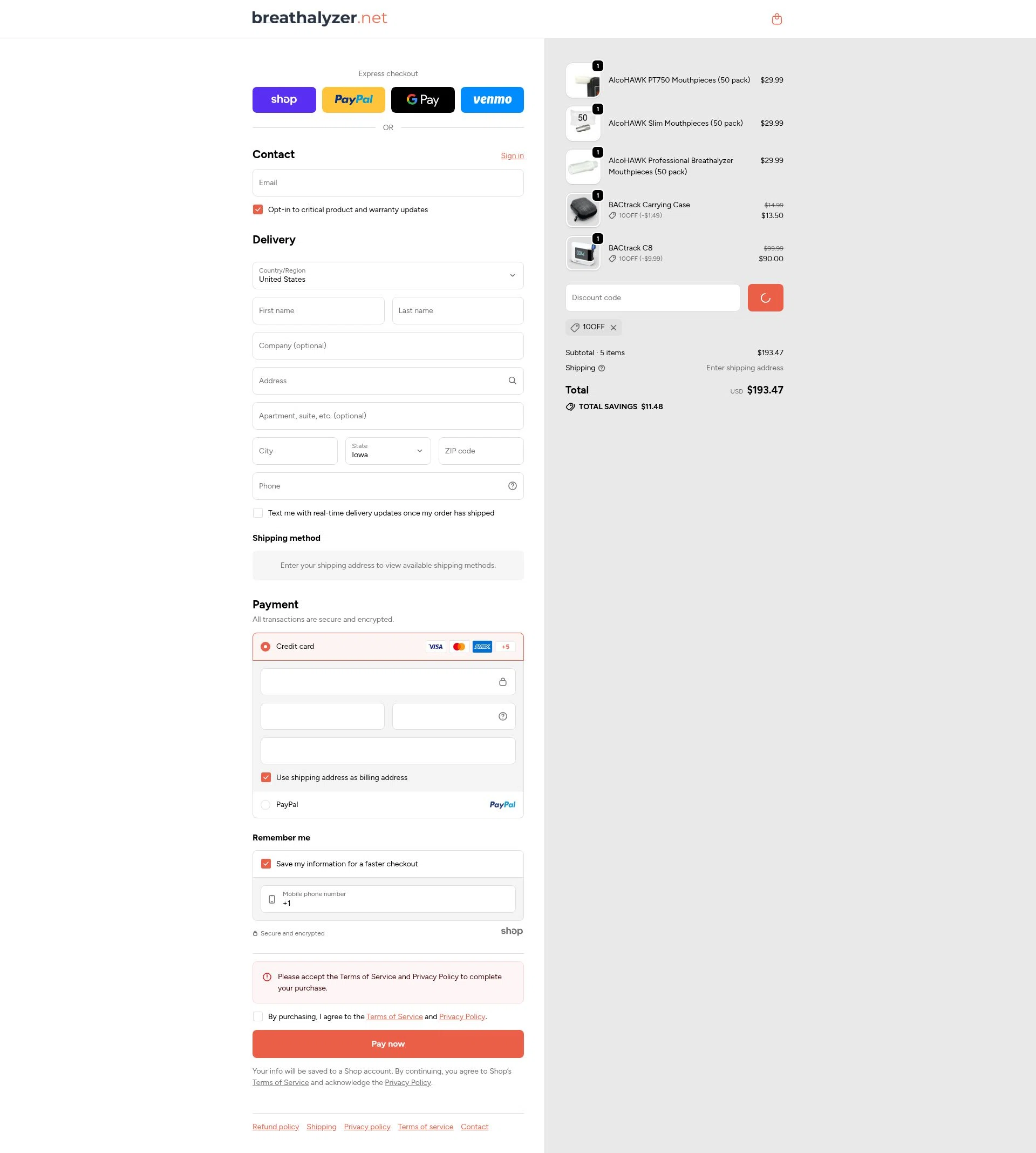 Breathalyzer.net checkout page showing Breathalyzer.net promo code box | Screenshot taken by SimplyCodes community member on Jan 8, 2026