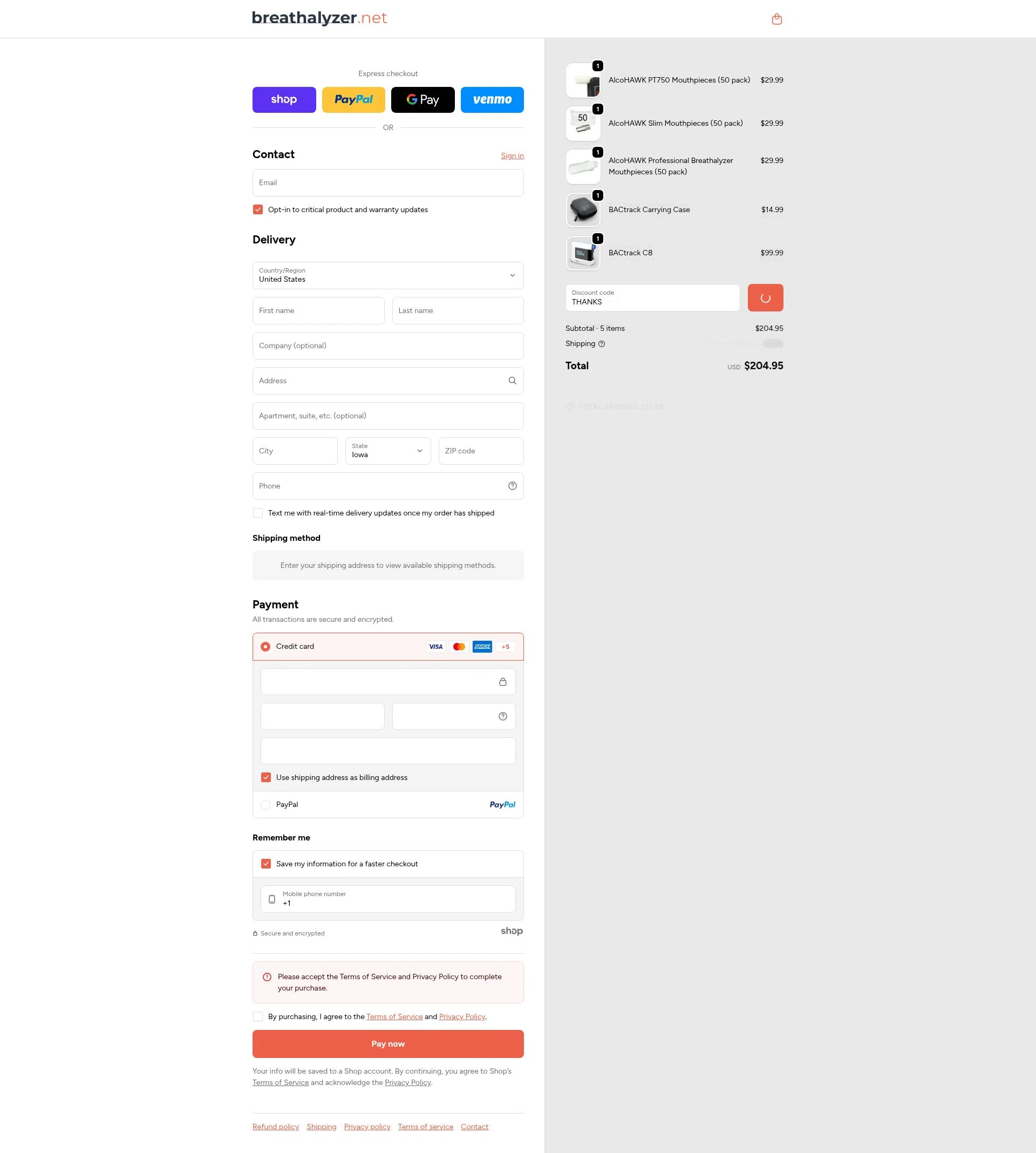 Breathalyzer.net checkout page showing Breathalyzer.net promo code box | Screenshot taken by SimplyCodes community member on Jan 3, 2026