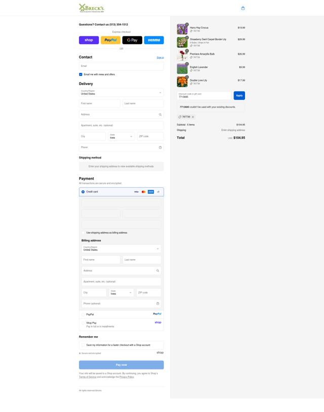 Breck's checkout page showing Breck's coupon code box | Screenshot taken by SimplyCodes community member on Sep 9, 2025