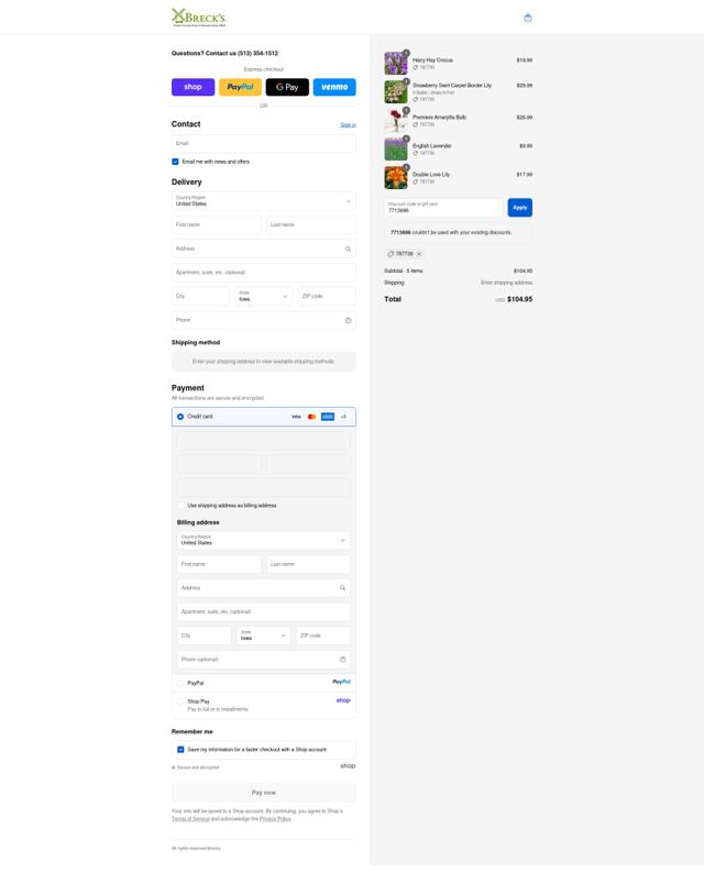 Breck's checkout page showing Breck's coupon code box | Screenshot taken by SimplyCodes community member on Sep 9, 2025