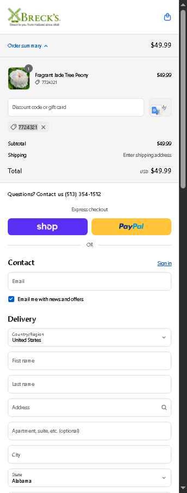 Breck's checkout page showing Breck's coupon code box | Screenshot taken by SimplyCodes community member on Sep 9, 2025