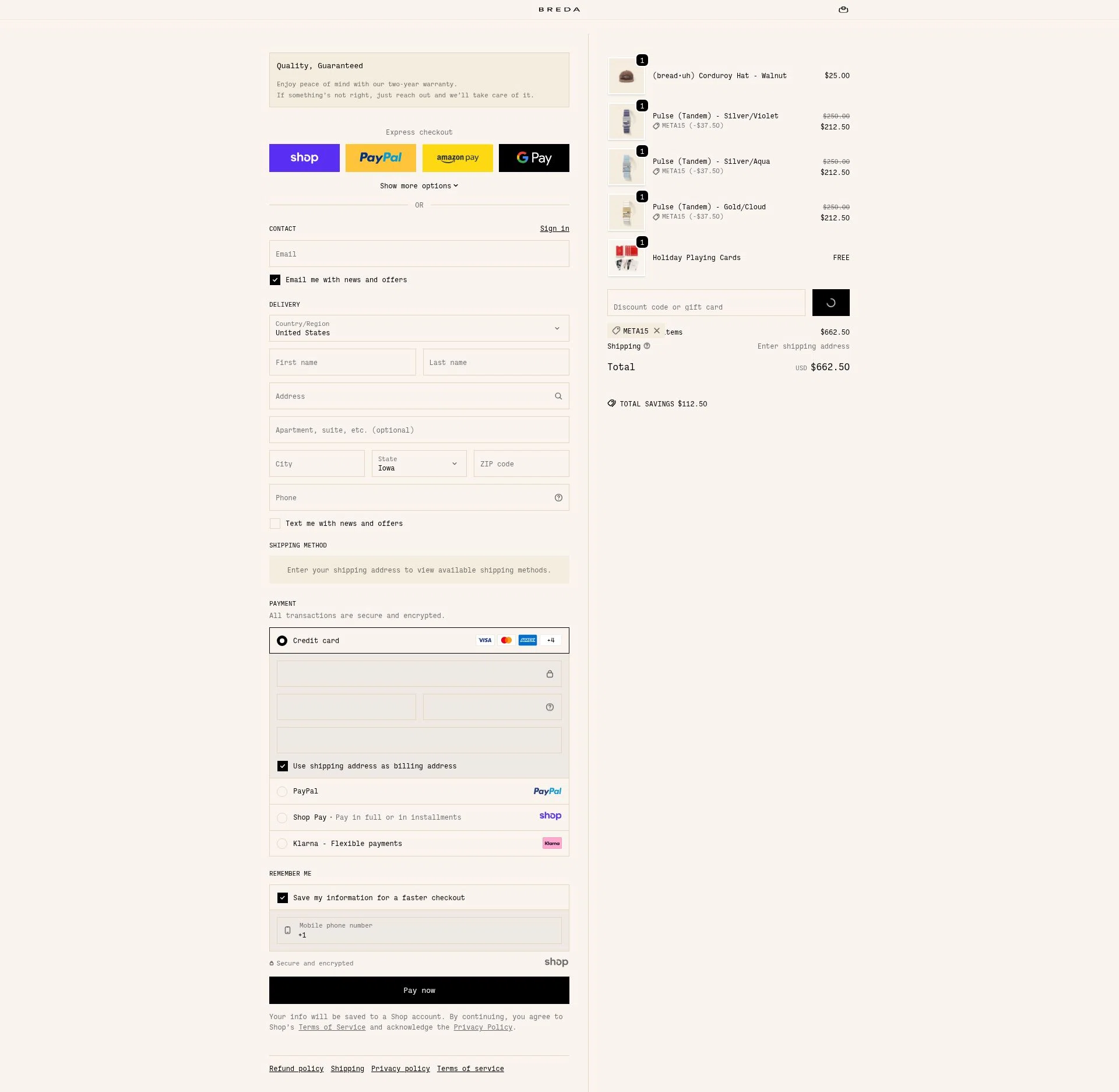 BREDA checkout page showing BREDA discount code box | Screenshot taken by SimplyCodes community member on Dec 17, 2025