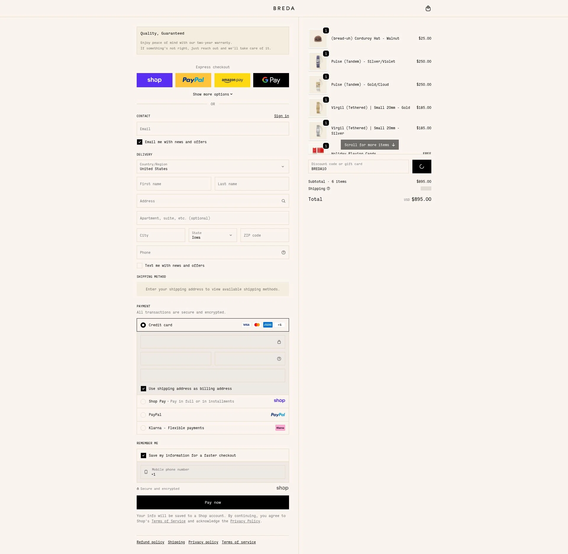 BREDA checkout page showing BREDA discount code box | Screenshot taken by SimplyCodes community member on Dec 24, 2025