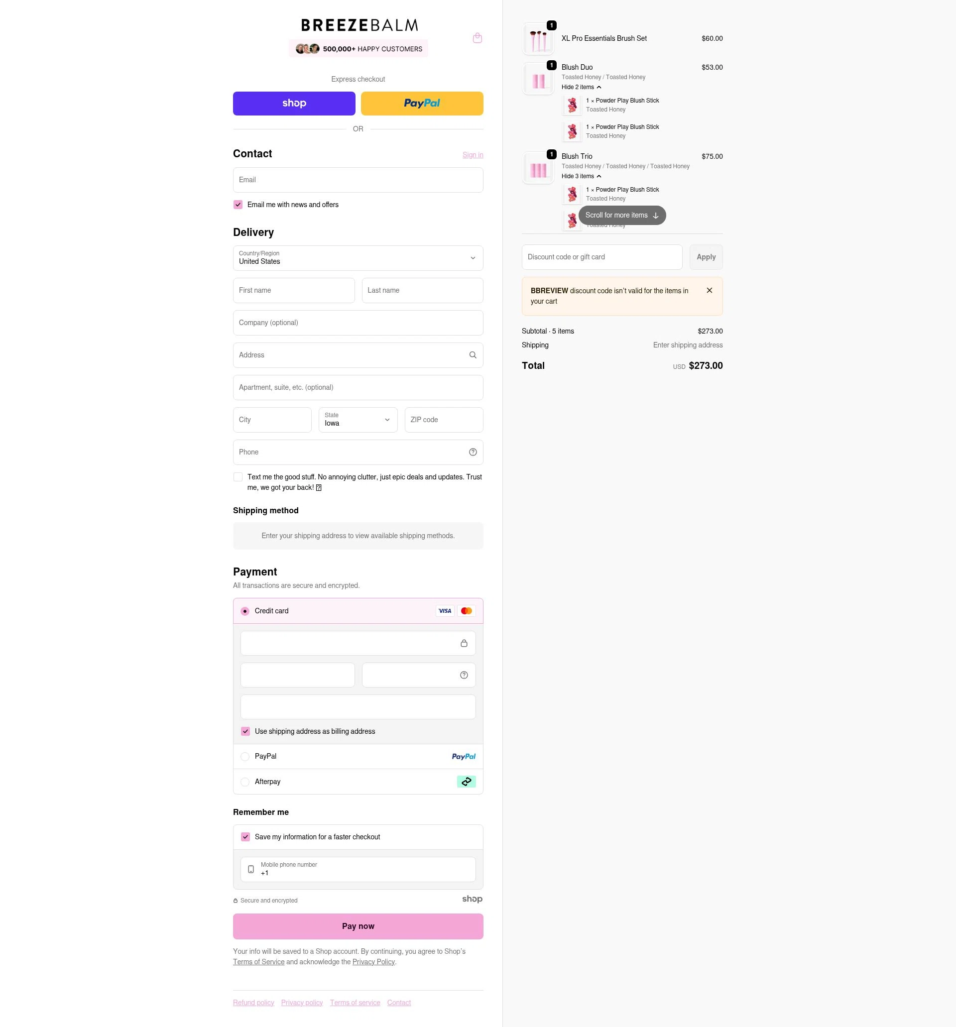 Breeze Balm checkout page showing Breeze Balm discount code box | Screenshot taken by SimplyCodes community member on Jan 17, 2026