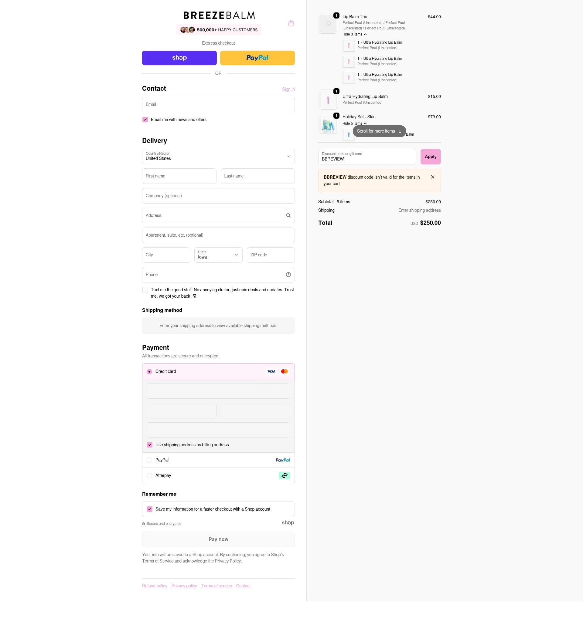 Breeze Balm checkout page showing Breeze Balm discount code box | Screenshot taken by SimplyCodes community member on Nov 9, 2025