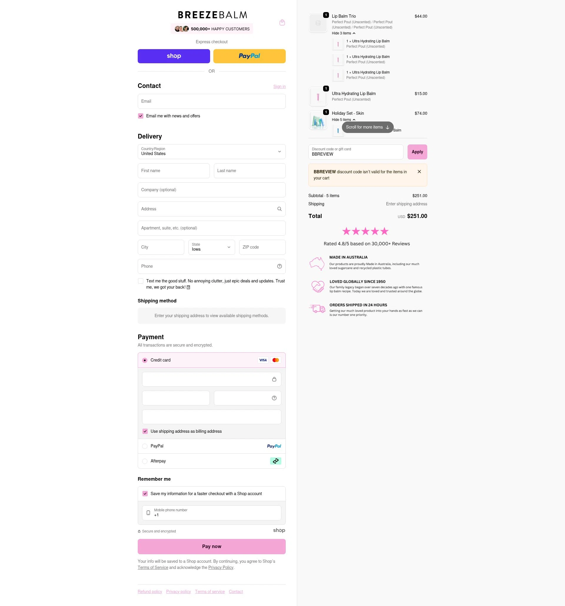 Breeze Balm checkout page showing Breeze Balm discount code box | Screenshot taken by SimplyCodes community member on Nov 2, 2025