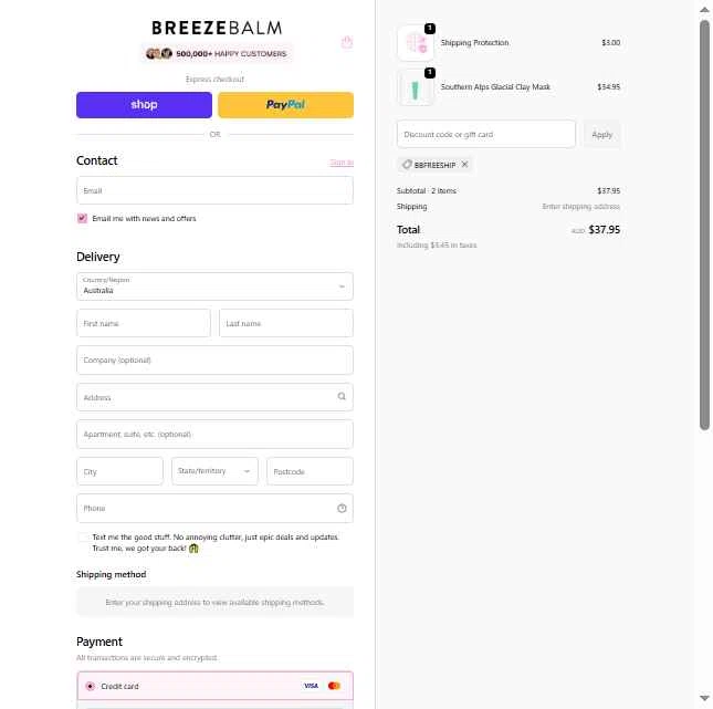 Breeze Balm checkout page showing Breeze Balm discount code box | Screenshot taken by SimplyCodes community member on Nov 7, 2025