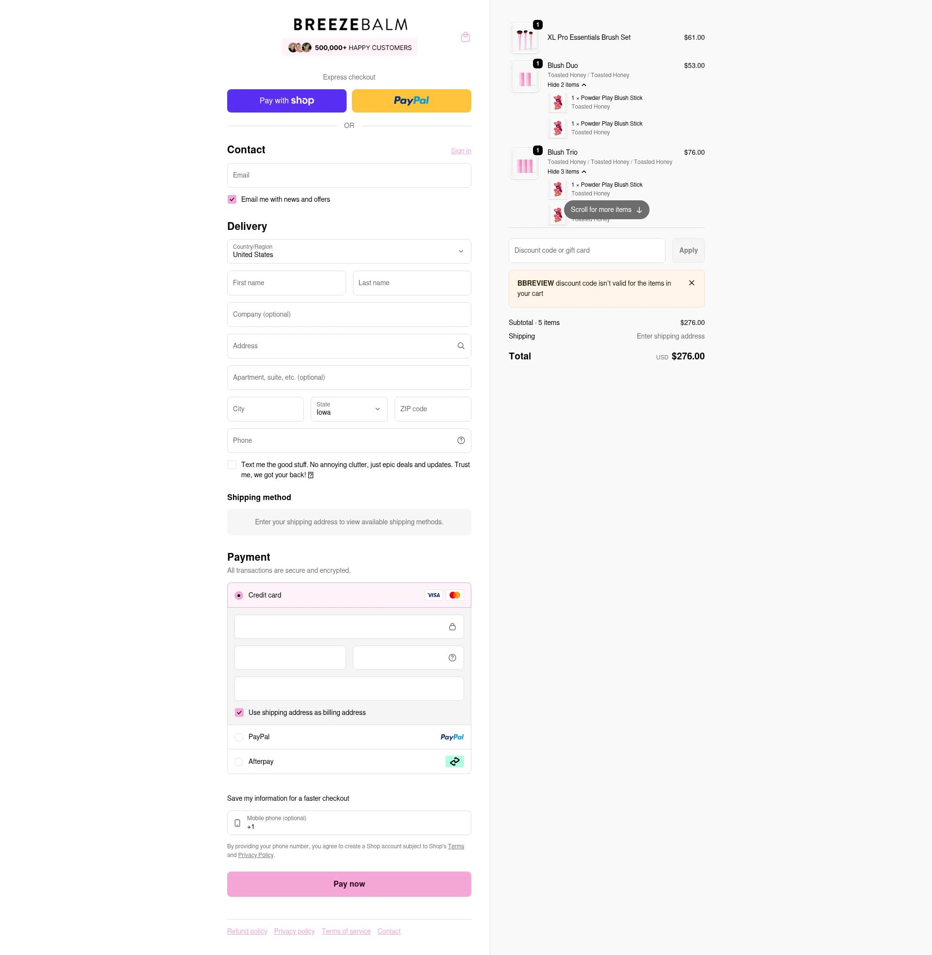 Breeze Balm checkout page showing Breeze Balm discount code box | Screenshot taken by SimplyCodes community member on Jan 12, 2026