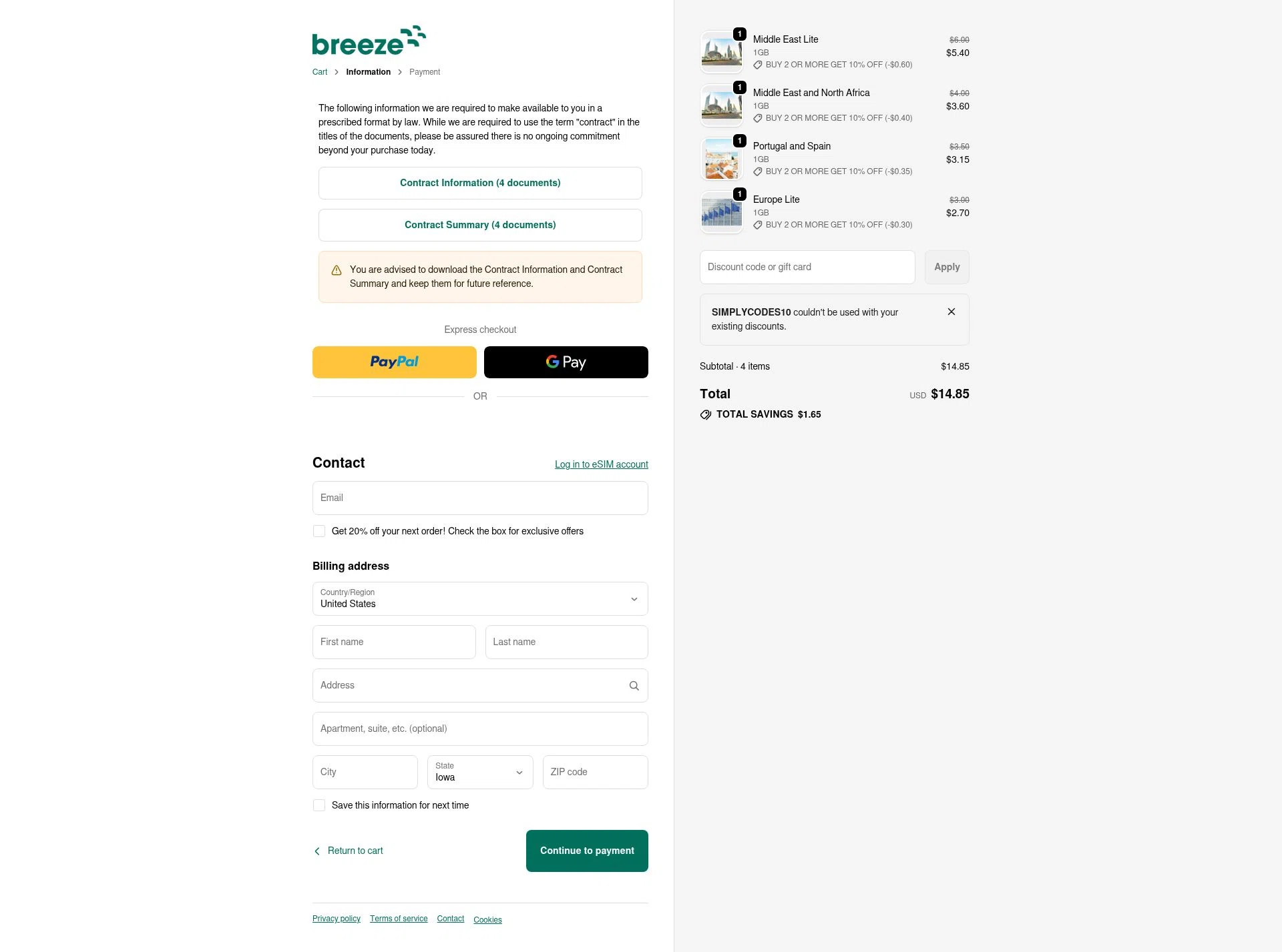 Breeze eSIM checkout page showing Breeze eSIM discount code box | Screenshot taken by SimplyCodes community member on Dec 29, 2025