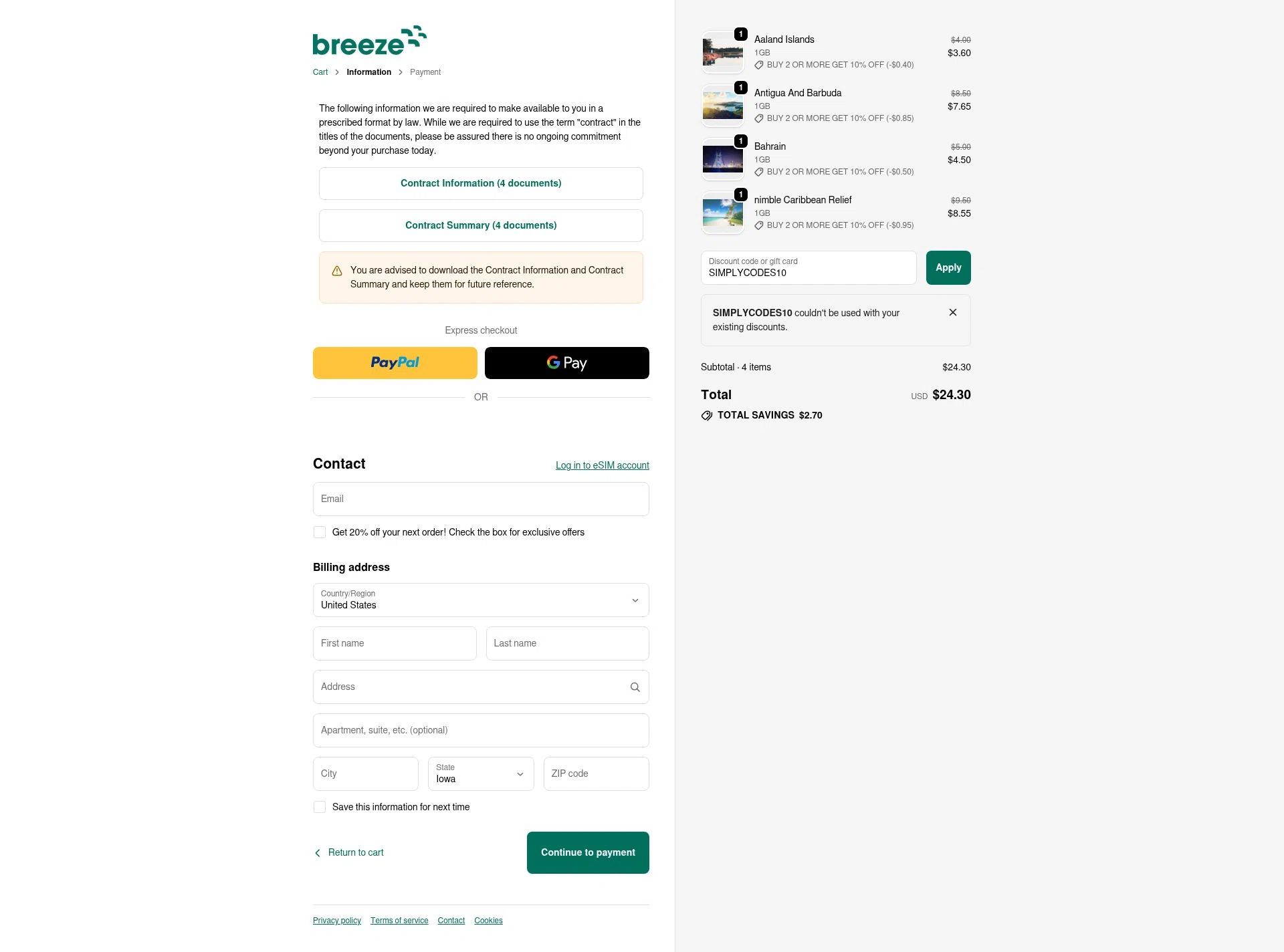 Breeze eSIM checkout page showing Breeze eSIM discount code box | Screenshot taken by SimplyCodes community member on Nov 30, 2025