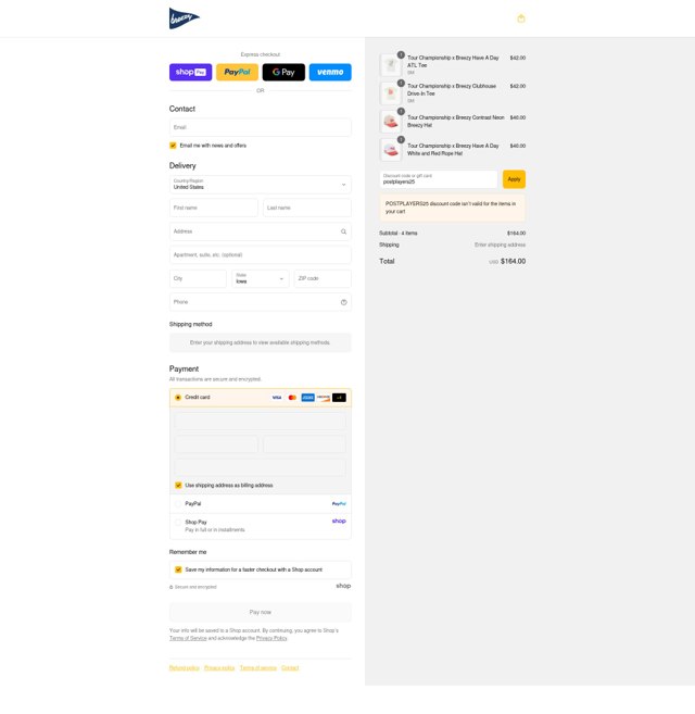 Breezy Golf checkout page showing Breezy Golf discount code box | Screenshot taken by SimplyCodes community member on Aug 27, 2025