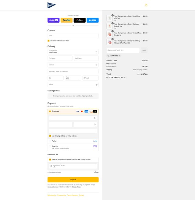 Breezy Golf checkout page showing Breezy Golf discount code box | Screenshot taken by SimplyCodes community member on Aug 27, 2025