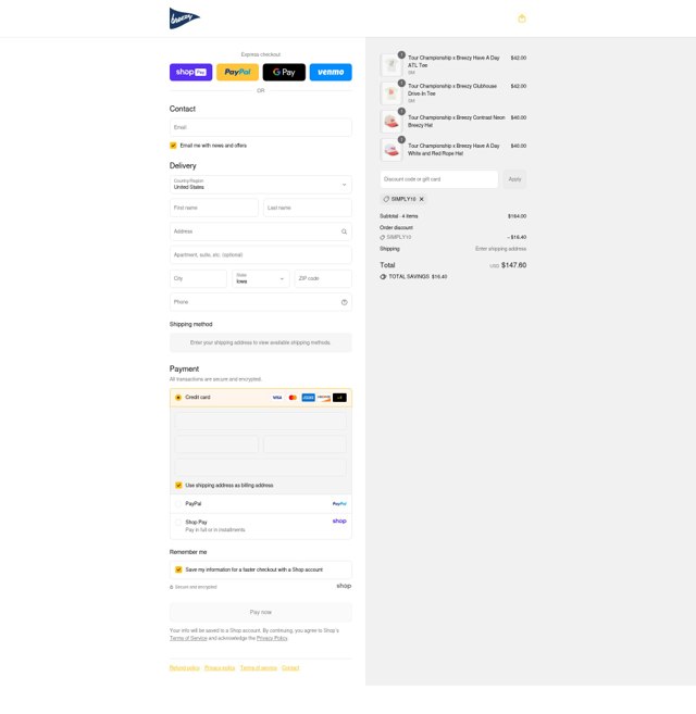 Breezy Golf checkout page showing Breezy Golf discount code box | Screenshot taken by SimplyCodes community member on Aug 27, 2025