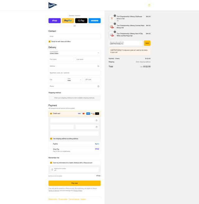 Breezy Golf checkout page showing Breezy Golf discount code box | Screenshot taken by SimplyCodes community member on Sep 4, 2025