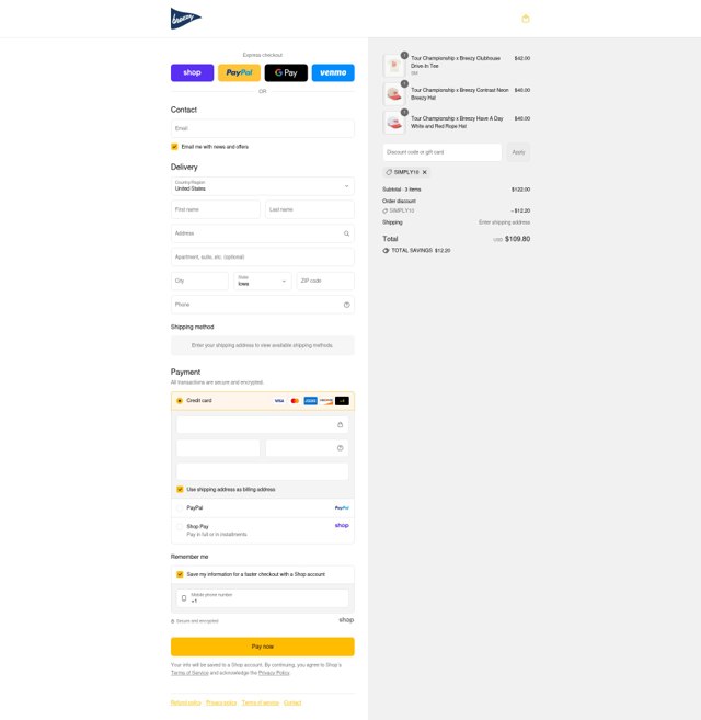 Breezy Golf checkout page showing Breezy Golf discount code box | Screenshot taken by SimplyCodes community member on Sep 4, 2025