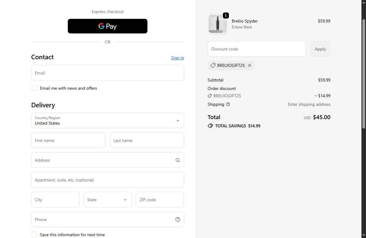 Breliio checkout page showing Breliio discount code box | Screenshot taken by SimplyCodes community member on Dec 17, 2025