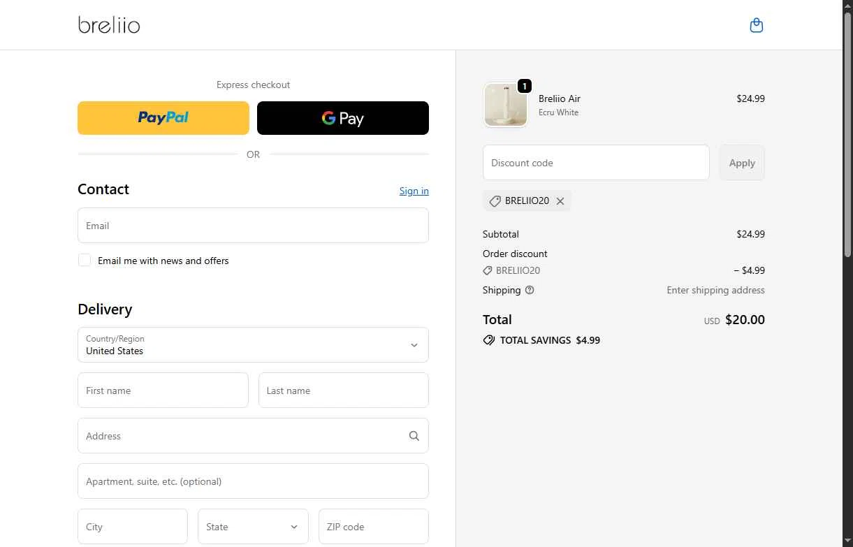 Breliio checkout page showing Breliio discount code box | Screenshot taken by SimplyCodes community member on Nov 20, 2025