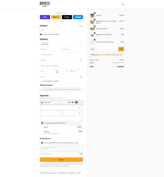 Breo Box checkout page showing Breo Box promo code box | Screenshot taken by SimplyCodes community member on Sep 12, 2025
