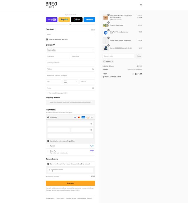 Breo Box checkout page showing Breo Box promo code box | Screenshot taken by SimplyCodes community member on Aug 26, 2025