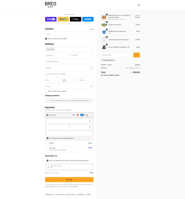 Breo Box checkout page showing Breo Box promo code box | Screenshot taken by SimplyCodes community member on Aug 26, 2025
