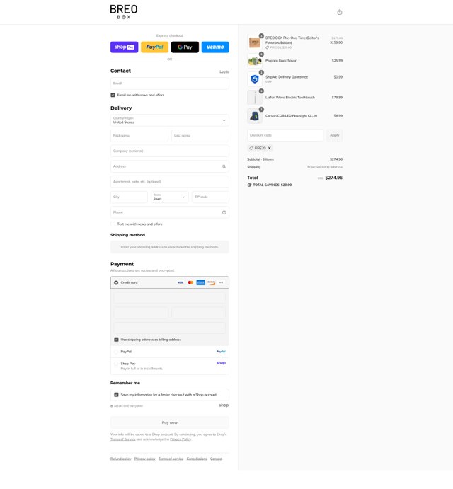 Breo Box checkout page showing Breo Box promo code box | Screenshot taken by SimplyCodes community member on Aug 26, 2025