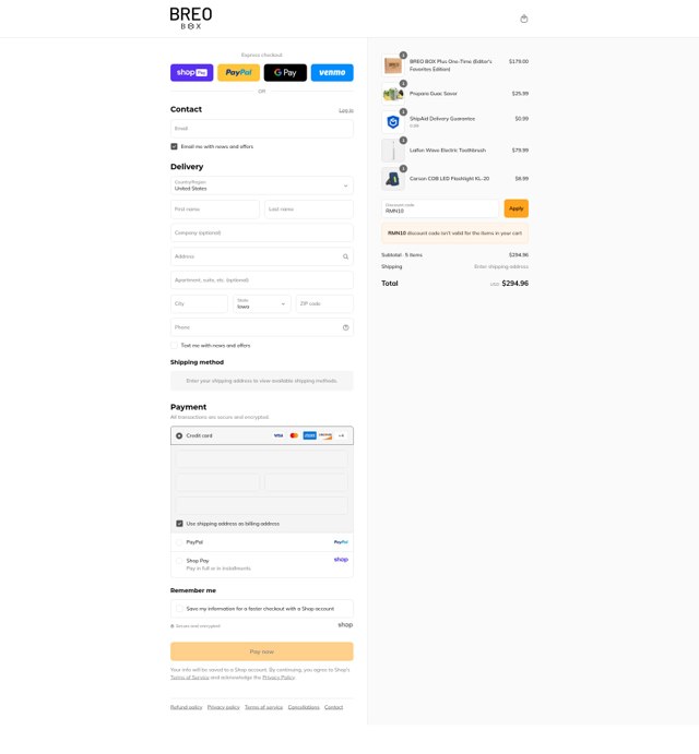 Breo Box checkout page showing Breo Box promo code box | Screenshot taken by SimplyCodes community member on Aug 26, 2025
