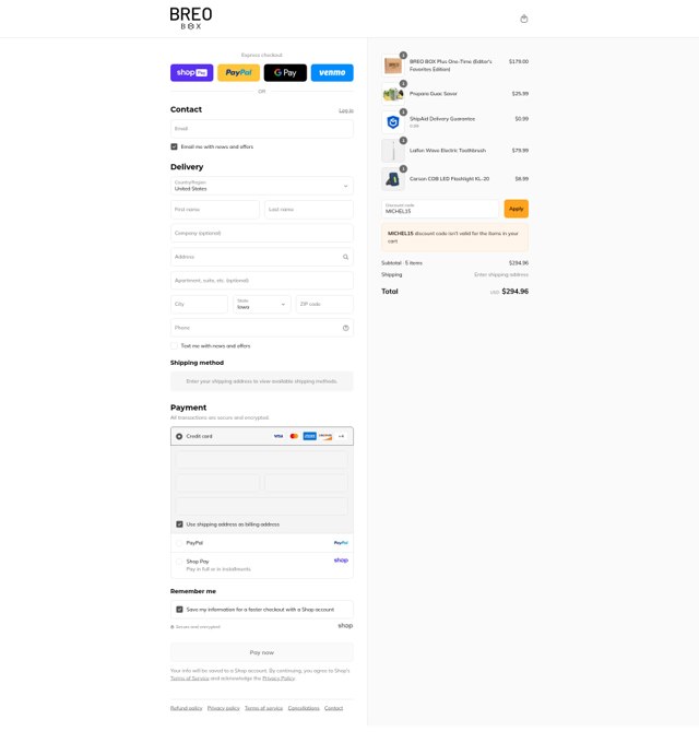 Breo Box checkout page showing Breo Box promo code box | Screenshot taken by SimplyCodes community member on Aug 26, 2025