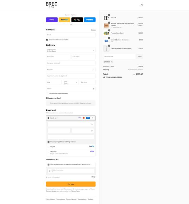 Breo Box checkout page showing Breo Box promo code box | Screenshot taken by SimplyCodes community member on Sep 12, 2025
