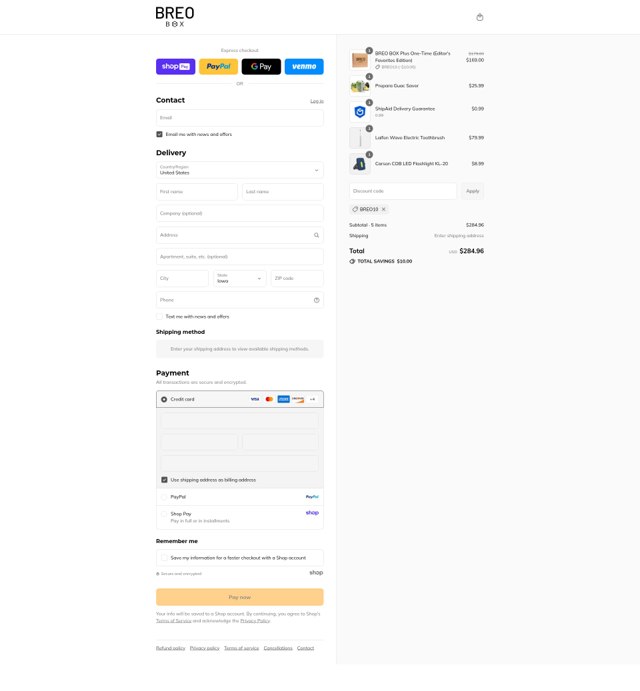 Breo Box checkout page showing Breo Box promo code box | Screenshot taken by SimplyCodes community member on Aug 26, 2025