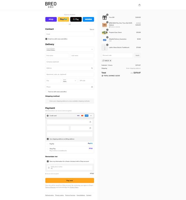 Breo Box checkout page showing Breo Box promo code box | Screenshot taken by SimplyCodes community member on Sep 12, 2025