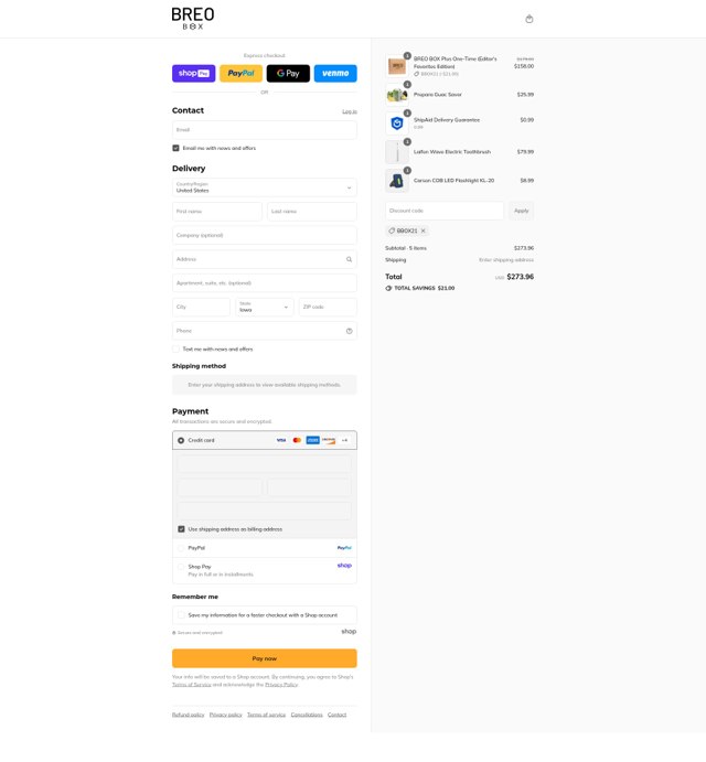 Breo Box checkout page showing Breo Box promo code box | Screenshot taken by SimplyCodes community member on Aug 26, 2025