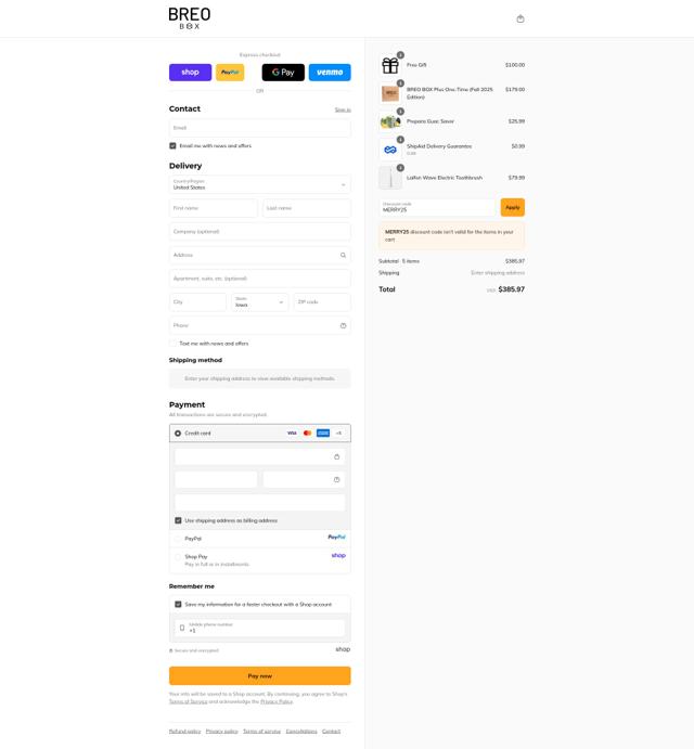 Breo Box checkout page showing Breo Box promo code box | Screenshot taken by SimplyCodes community member on Sep 12, 2025