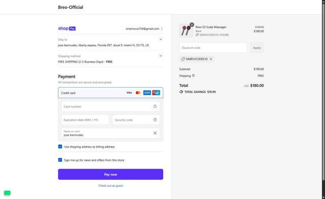 Breo checkout page showing Breo promo code box | Screenshot taken by SimplyCodes community member on Aug 15, 2025