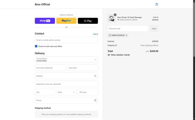 Breo checkout page showing Breo promo code box | Screenshot taken by SimplyCodes community member on Aug 26, 2025