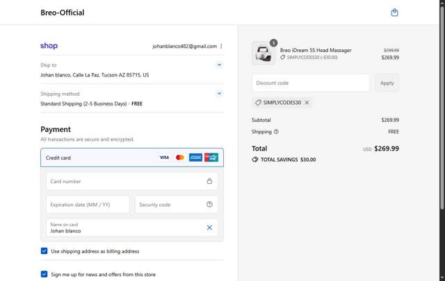 Breo checkout page showing Breo promo code box | Screenshot taken by SimplyCodes community member on Sep 9, 2025